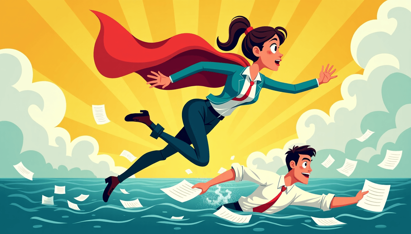 A superhero virtual assistant saving the day for a stressed entrepreneur