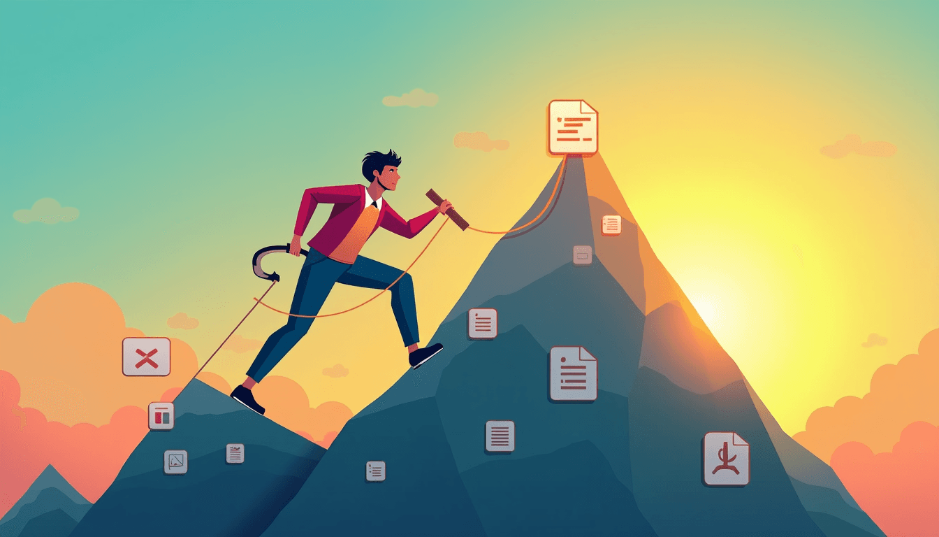 A VA confidently climbing a mountain of tasks