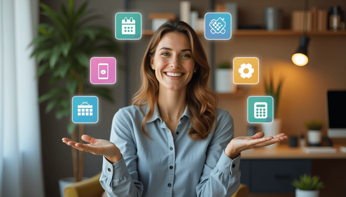 A confident virtual assistant juggling multiple tasks